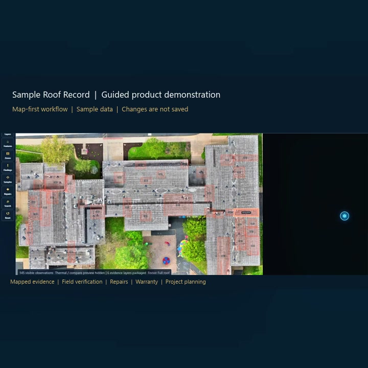 Contained Sample Roof Record map interface connecting mapped evidence with field, repair, warranty, and project-planning records