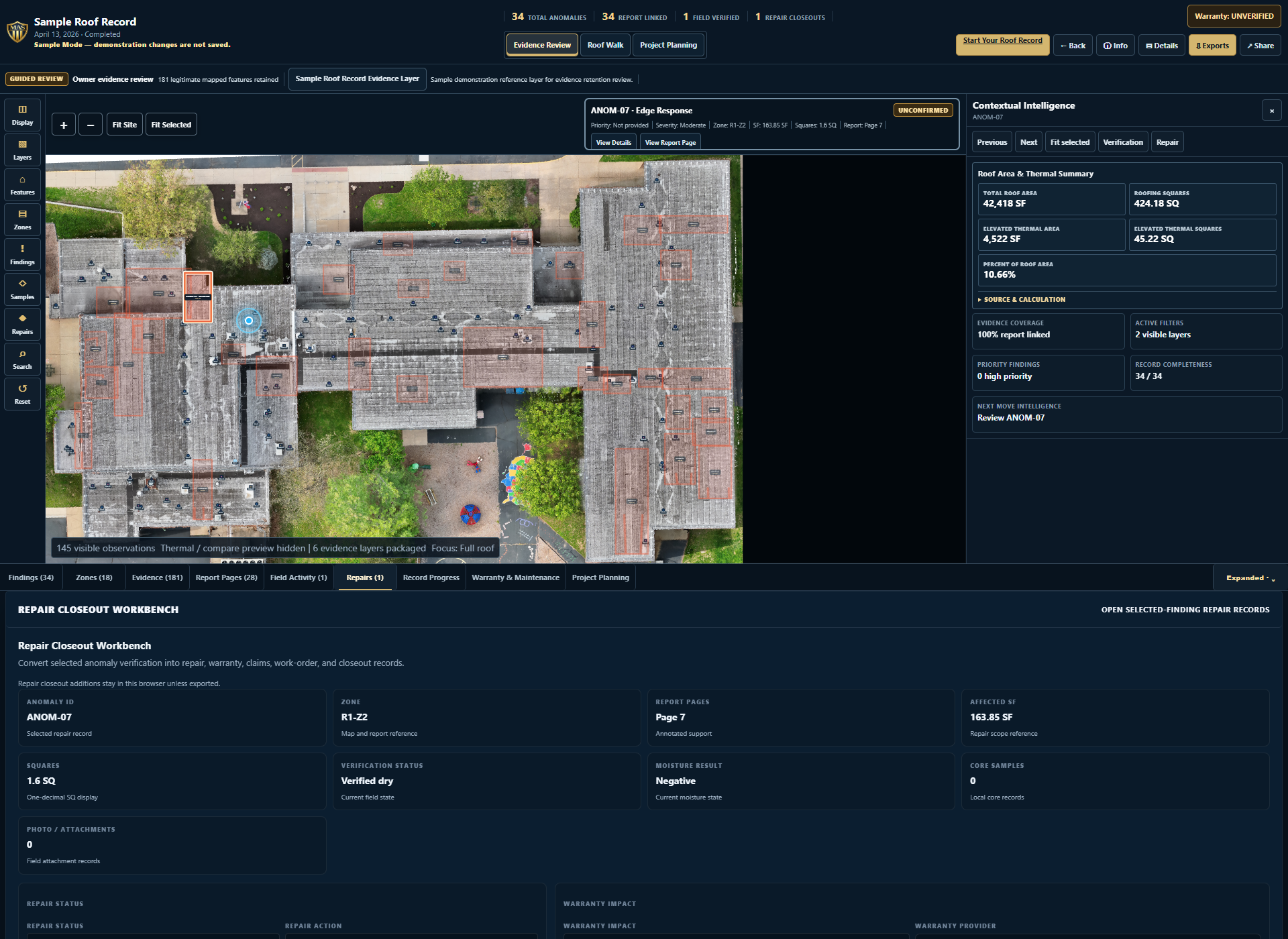 Sample Roof Record map with ANOM-07 selected and its verified repair closeout open
