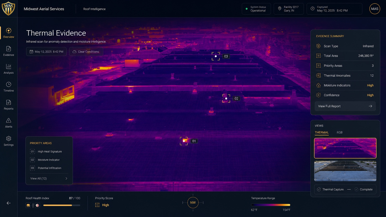 Infrared roof moisture survey documentation for a commercial flat roof