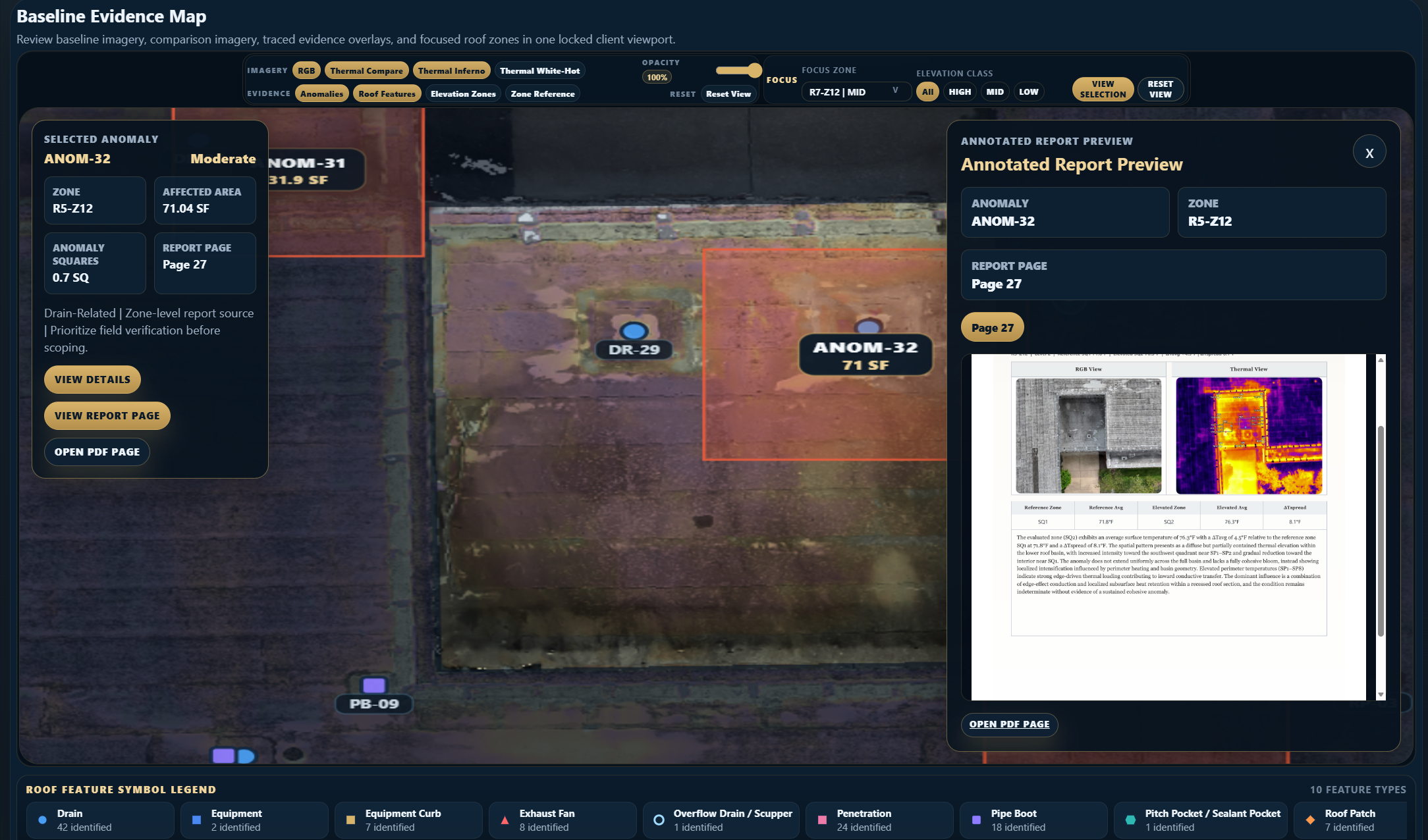 Report-linked commercial roof evidence record tying mapped findings, notes, photos, and next actions back to the roof map.