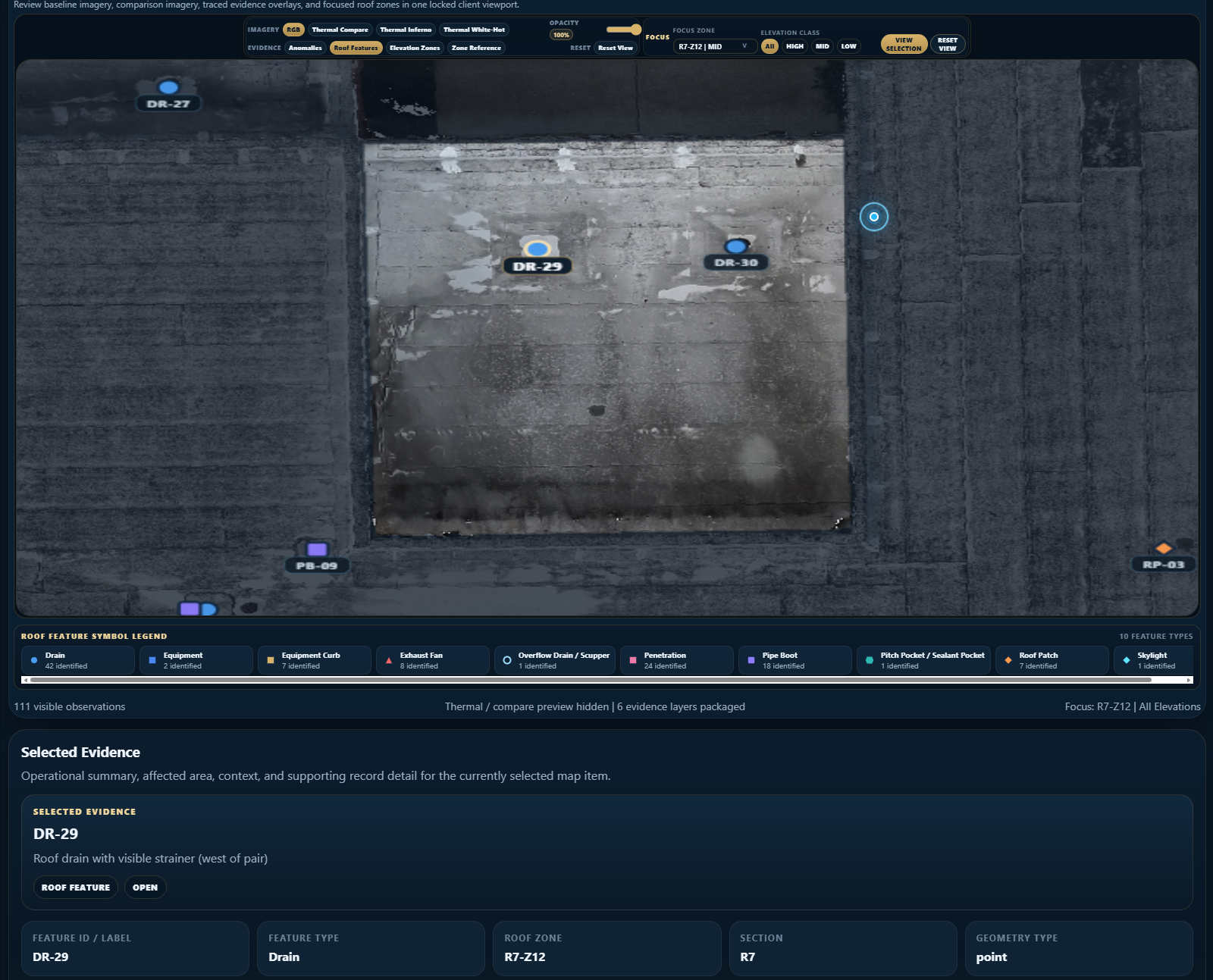 Roof feature map used to orient work and evidence