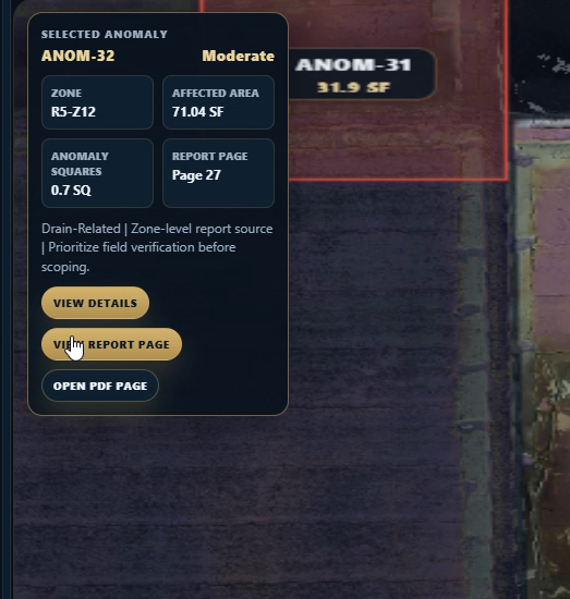 Selected roof anomaly evidence panel