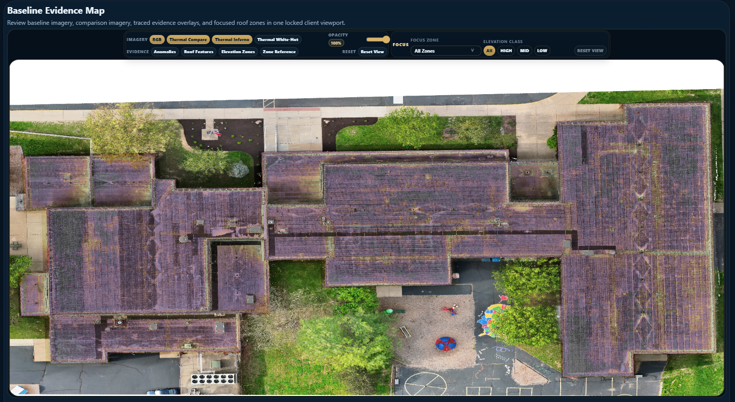 Thermal orthomosaic roof review layer for a commercial roof evidence record.